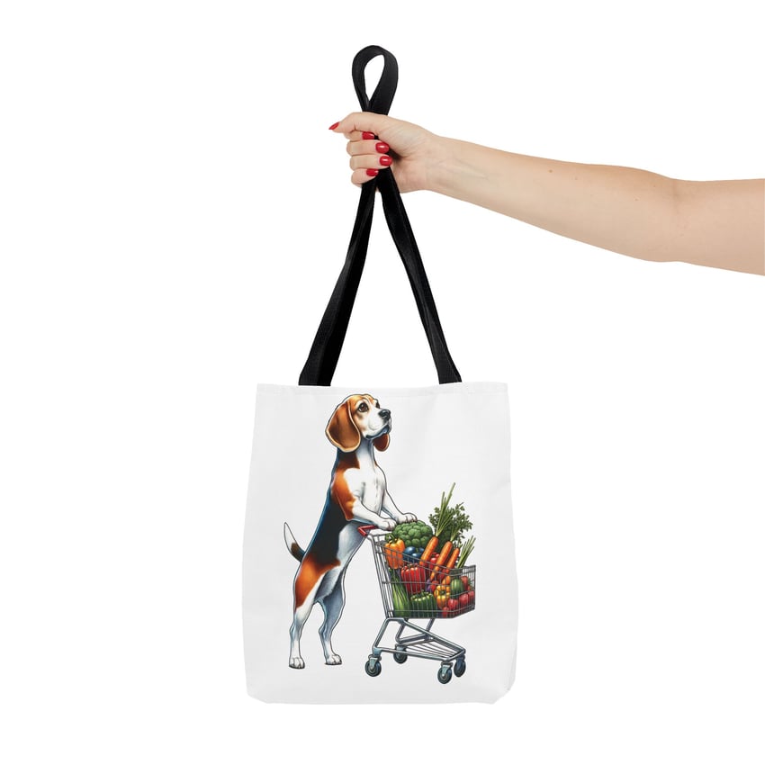 Beagle shopping tote with vibrant produce and elegant design, held by a stylish hand.