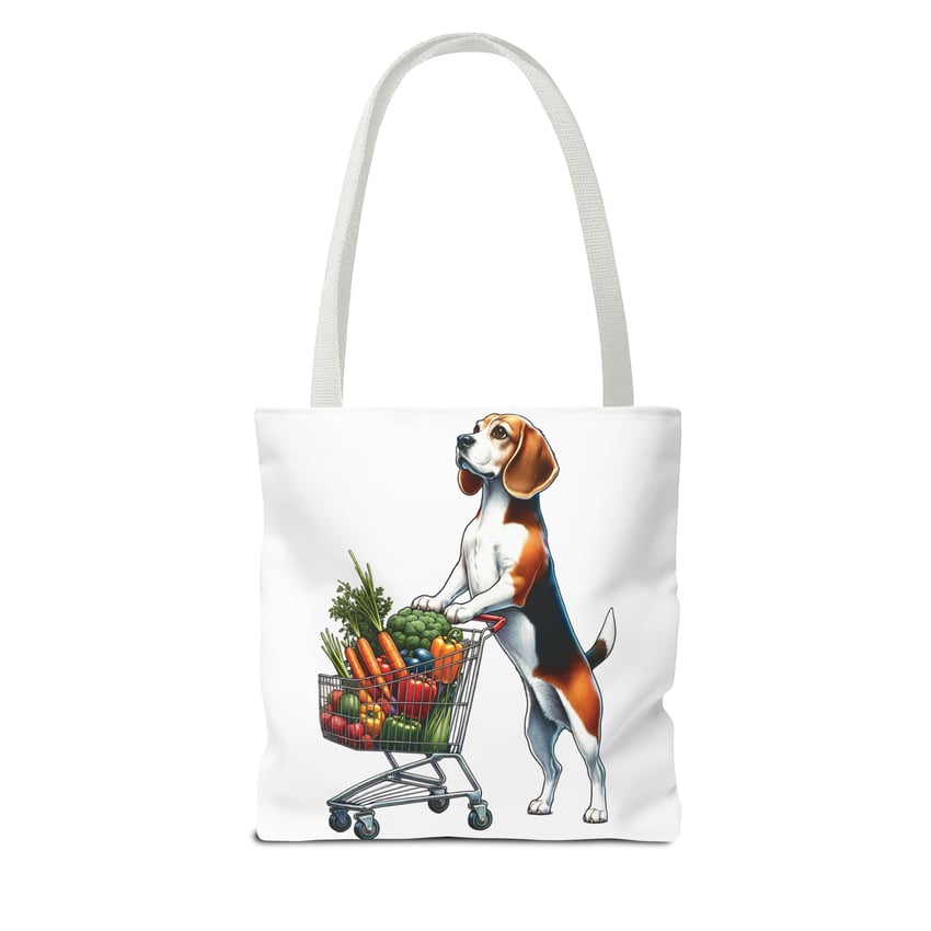 Beagle joyfully pushes cart of colorful vegetables on stylish tote bag.