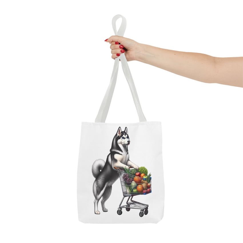 Trendy canvas tote with cartoon husky and vibrant produce, perfect for dog lovers.