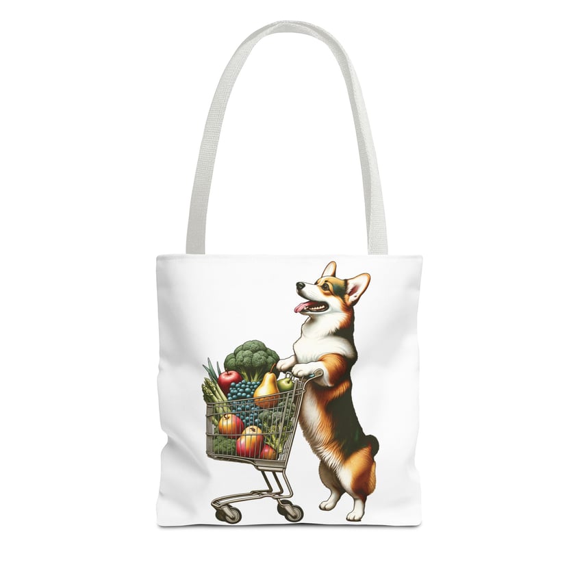 Cartoon corgi pushing grocery cart tote bag for dog lovers fun accessory.