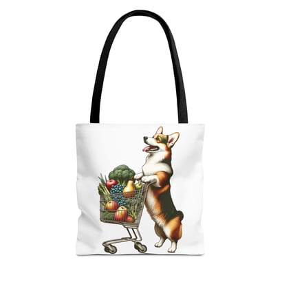 Corgi shopping joyfully with a tiny cart of vibrant fruits and vegetables on a tote bag.
