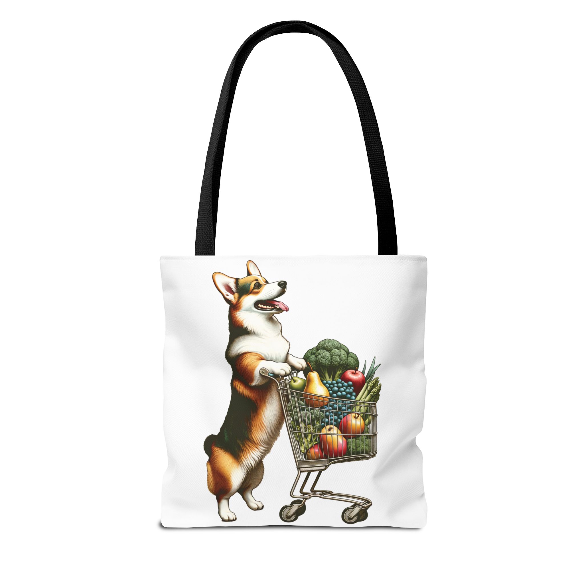 Tote bag with Corgi pushing cart of colorful produce, perfect for dog lovers and shoppers.