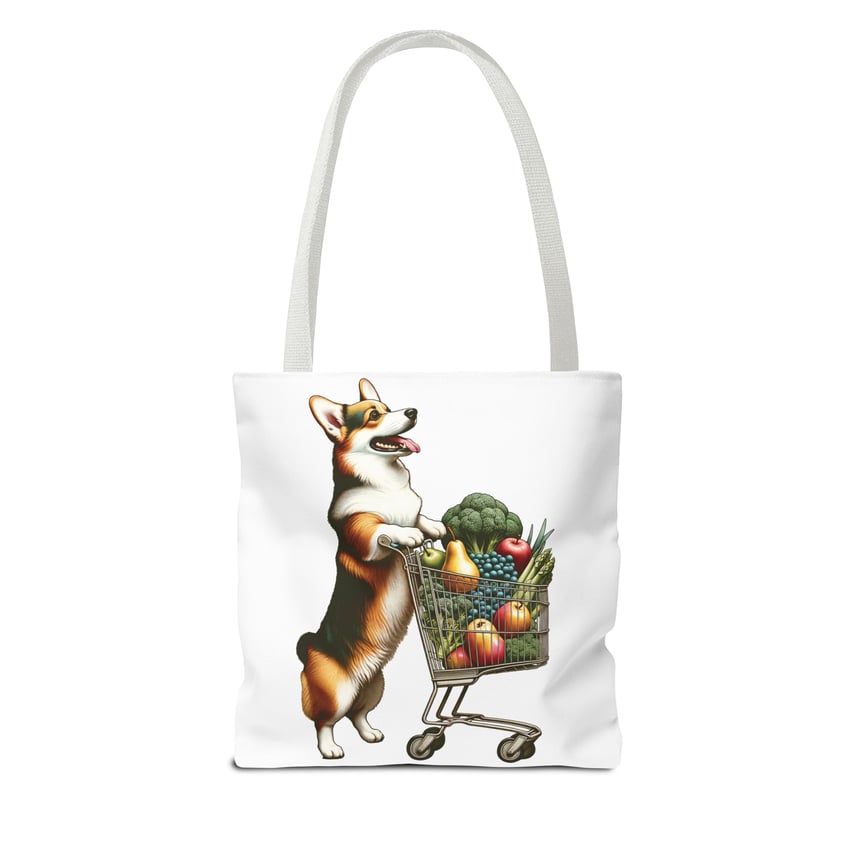 Whimsical Corgi tote with colorful produce illustration, perfect for joyful grocery shopping.