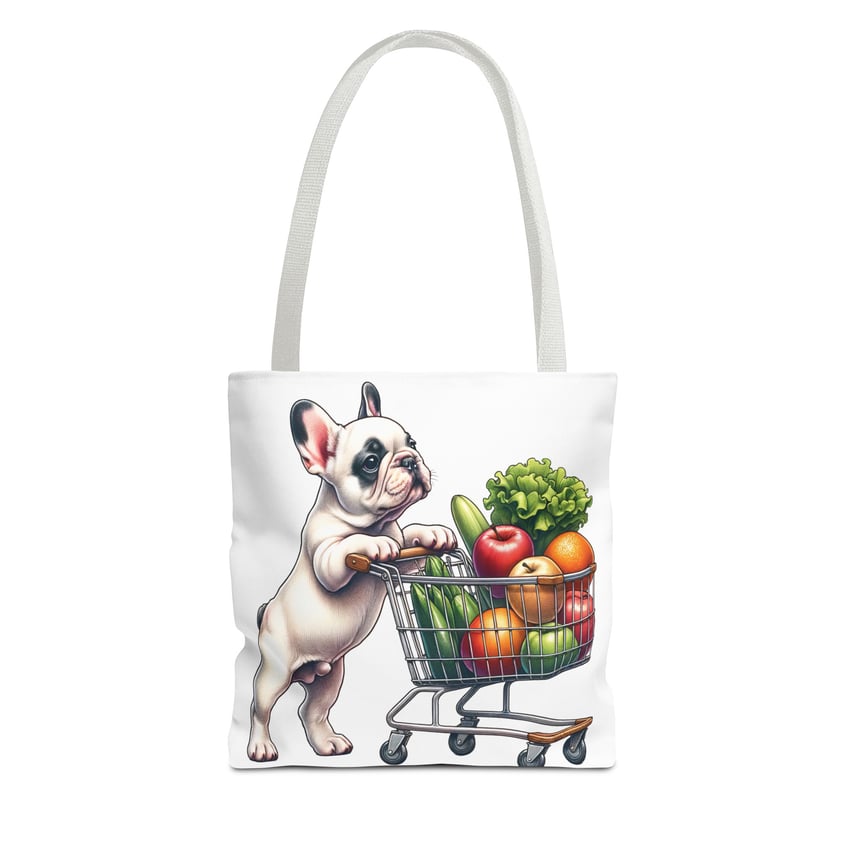 French Bulldog tote bag with colorful groceries, perfect for playful dog lovers.