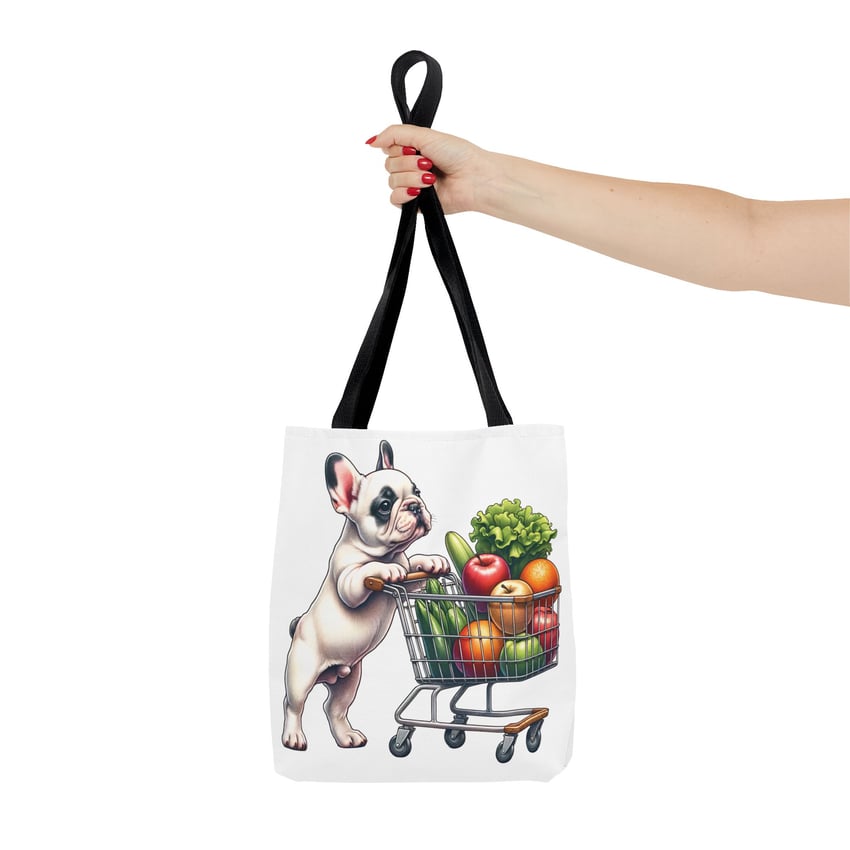 French Bulldog tote bag with colorful fruits and veggies design, perfect for eco-friendly shopping.