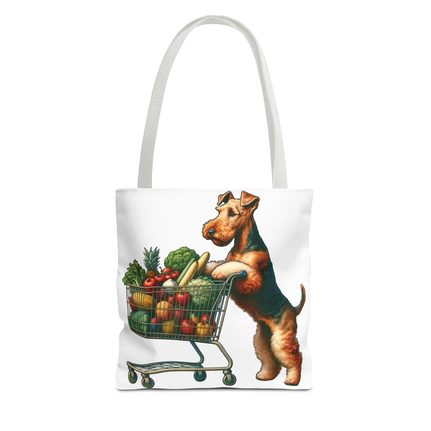 Whimsical Airedale Terrier tote bag with groceries; perfect for dog lovers and quirky art fans.