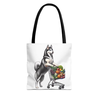 Siberian Husky push shopping cart with colorful groceries on a chic white tote bag.