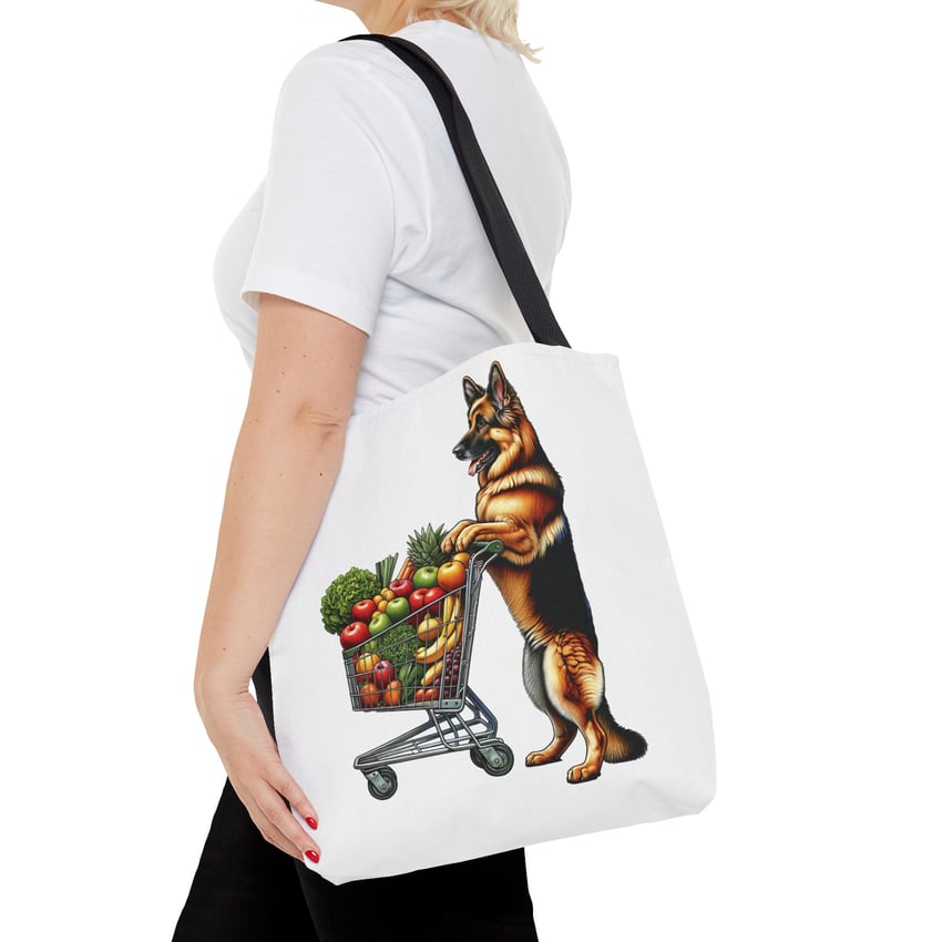 German Shepherd shopping tote with playful dog illustration and vibrant produce design.