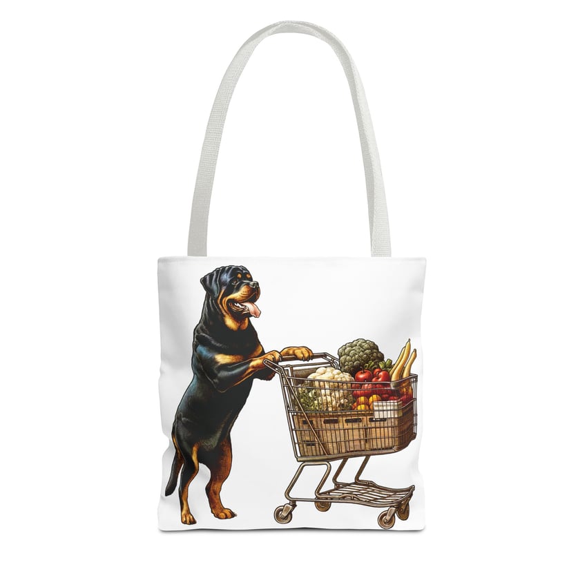 Rottweiler shopping tote bag with vibrant groceries, ideal for dog lovers and art enthusiasts.