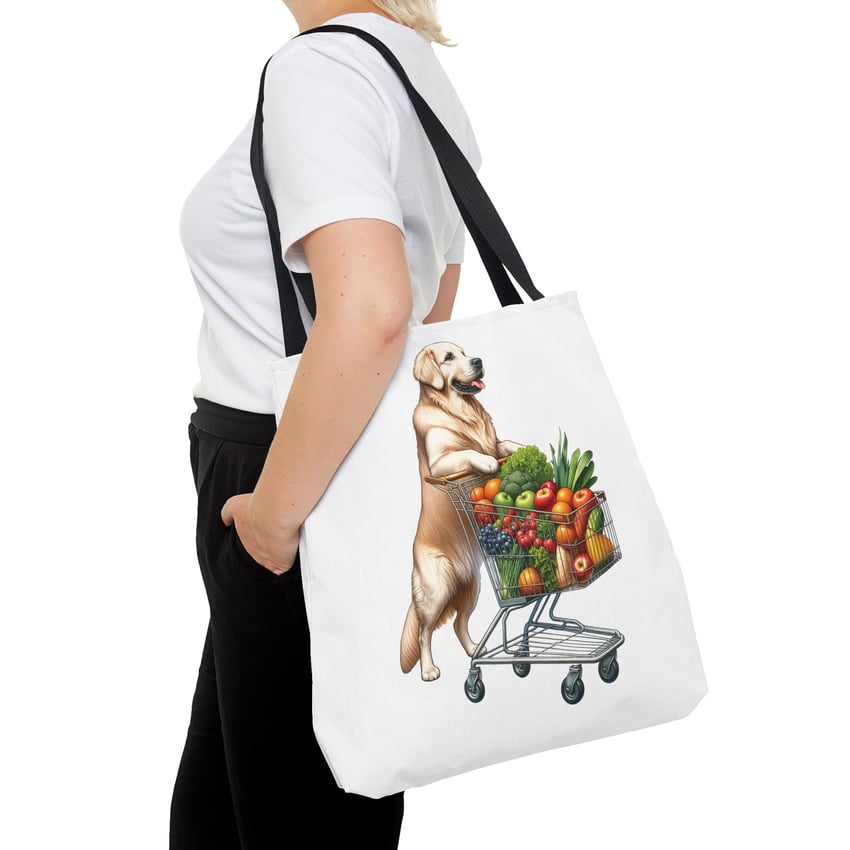 Golden Retriever Tote Bag Featuring Colorful Produce Illustration, Casual Outfit, Black Pants, White T-Shirt.