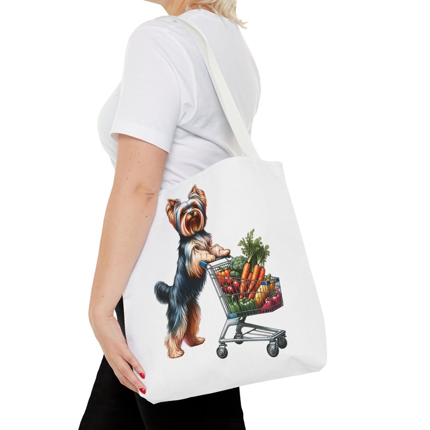 Yorkshire Terrier tote with vibrant produce in shopping cart, playful whimsical design.