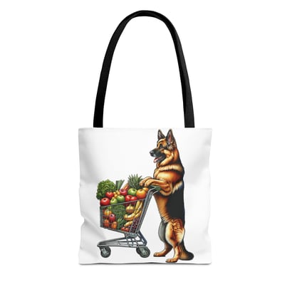 Whimsical German Shepherd shopping tote with colorful fruits and vegetables design.