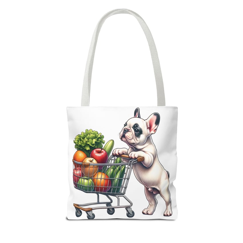 French Bulldog tote bag with colorful fruits, adding whimsy to everyday shopping.