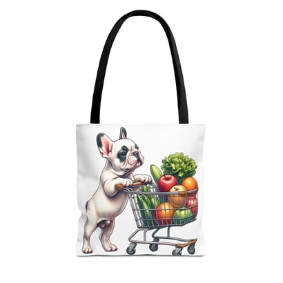 French Bulldog pushing shopping cart with fruits and veggies, charming whimsical illustration.
