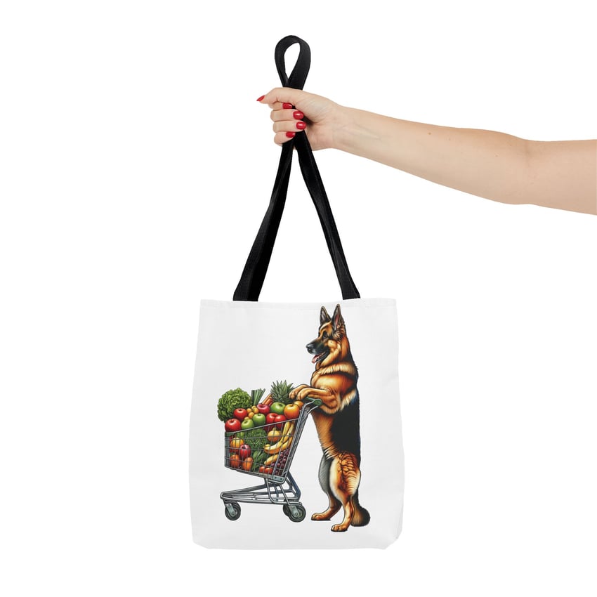 German Shepherd tote bag with vibrant fruits, playful and whimsical design, perfect for dog lovers.
