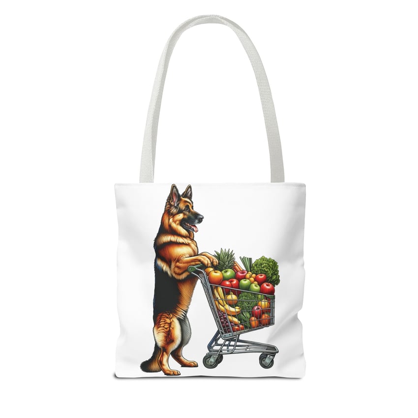 German Shepherd pushing shopping cart full of colorful produce on a whimsical tote bag.
