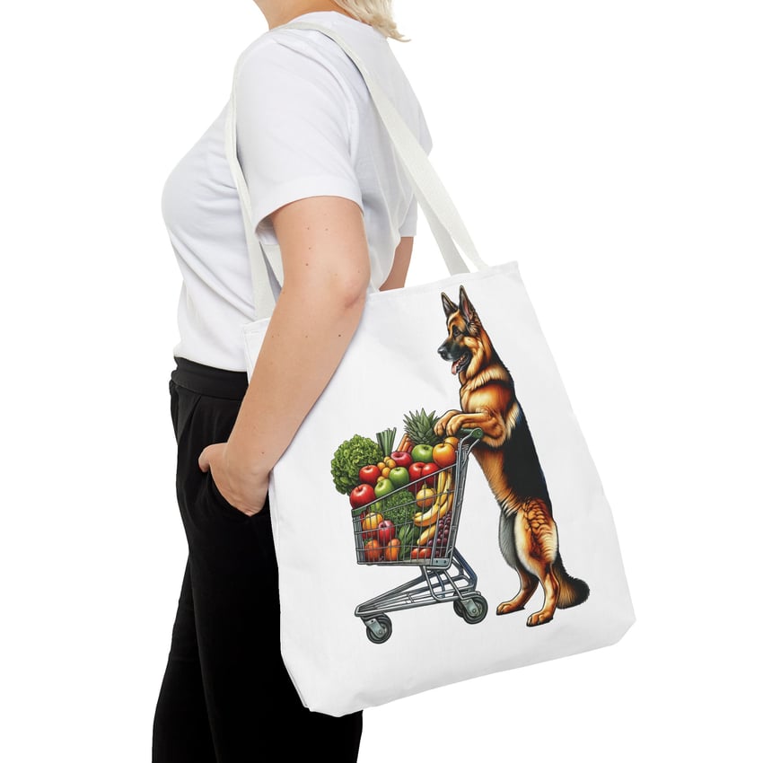 Cartoon German Shepherd shopping tote bag with colorful fruits and vegetables illustration.