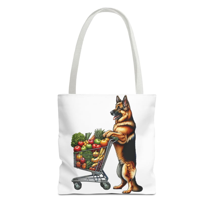 German Shepherd pushing cart of colorful fruits, whimsical tote bag for dog lovers.