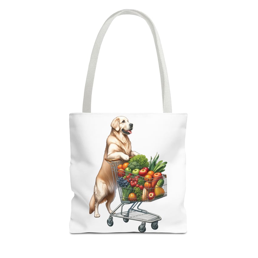 Cartoon golden retriever with a shopping cart full of fruits and veggies on a tote bag.