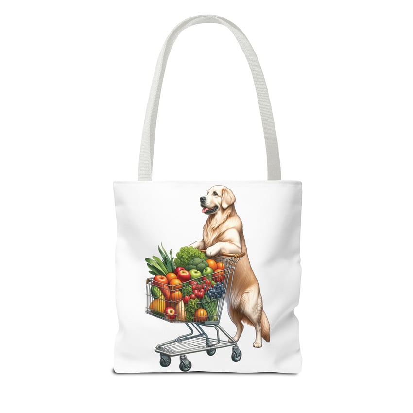 Golden Retriever tote bag with colorful fruits and vegetables illustration, eco-friendly and playful design.