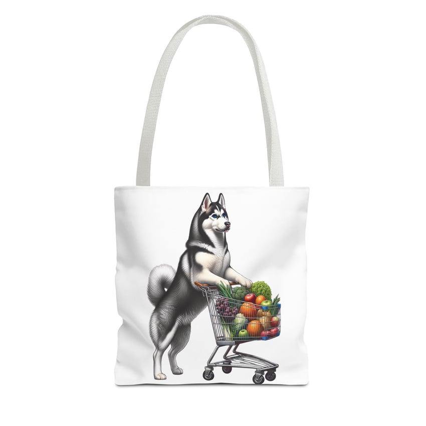 Siberian Husky tote bag featuring colorful groceries in a whimsical shopping scene.