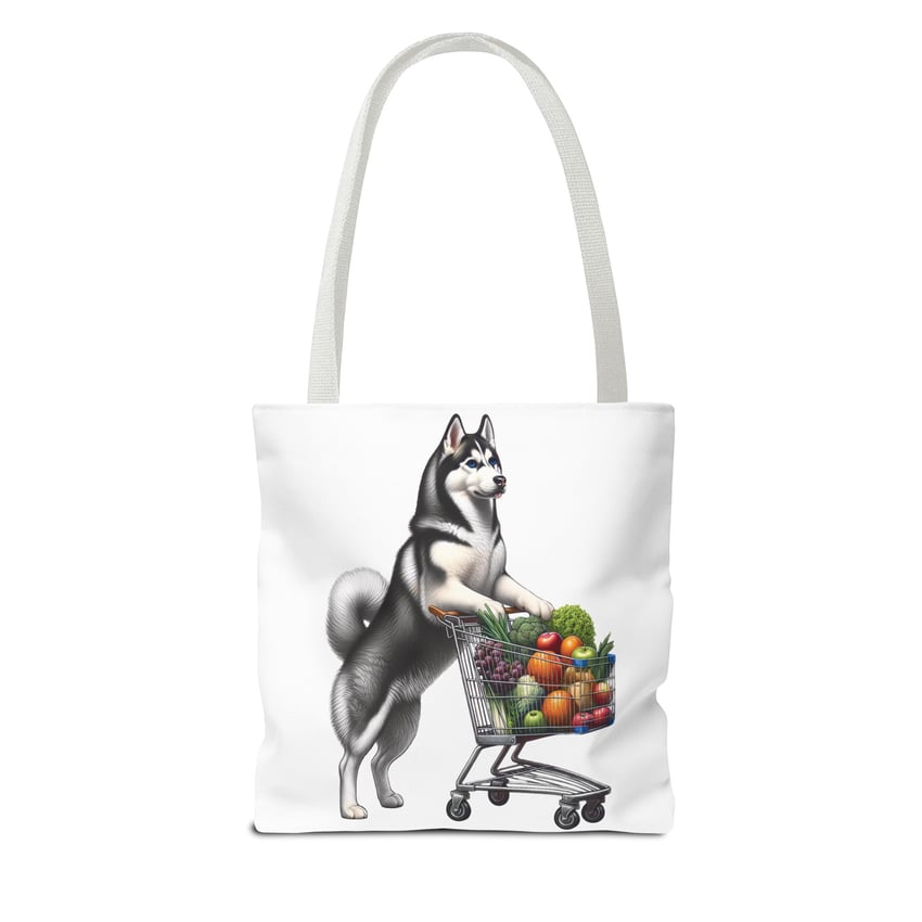 Realistic husky with colorful produce in shopping cart on white tote bag, whimsical design.