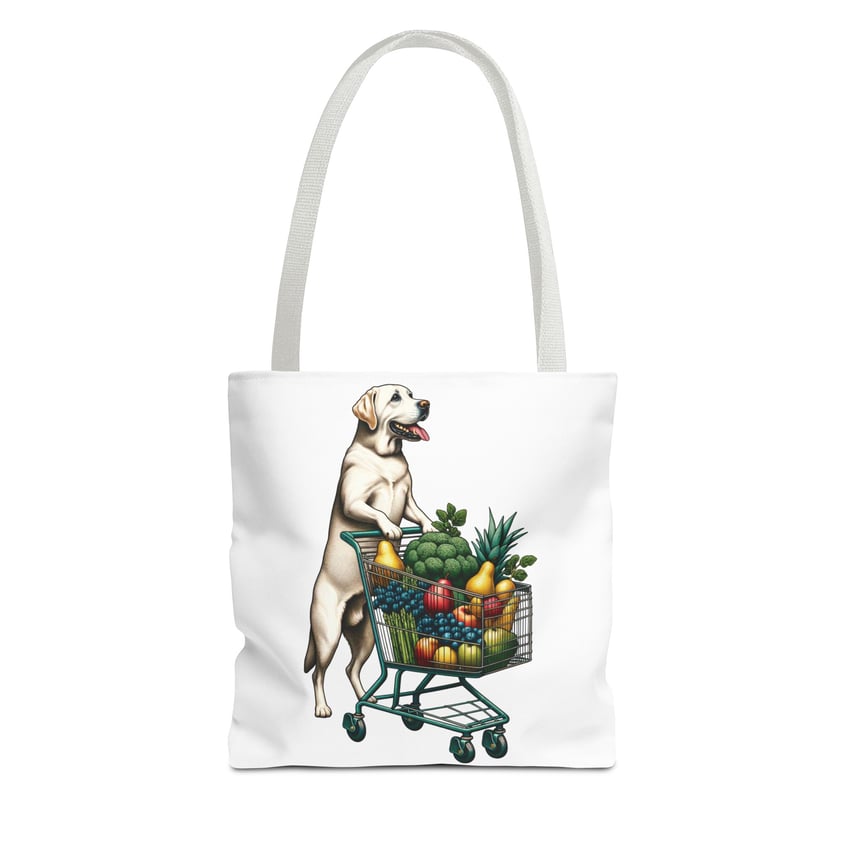 Cheerful Labrador tote with vibrant fruits; playful design for dog and grocery enthusiasts.