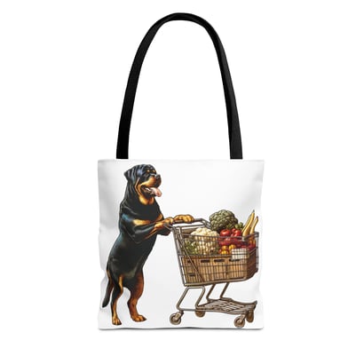Cartoon Rottweiler shopping with colorful produce on a playful white background tote bag.
