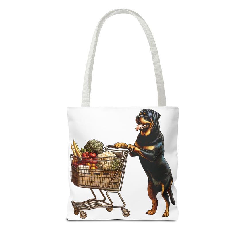 Rottweiler tote bag: cartoon dog shopping with colorful produce on a white background.