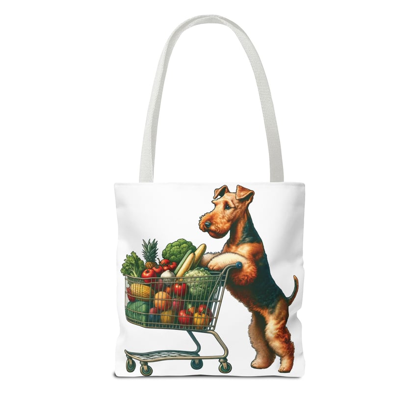 Whimsical terrier shopping adventure with vibrant produce on a stylish tote bag.