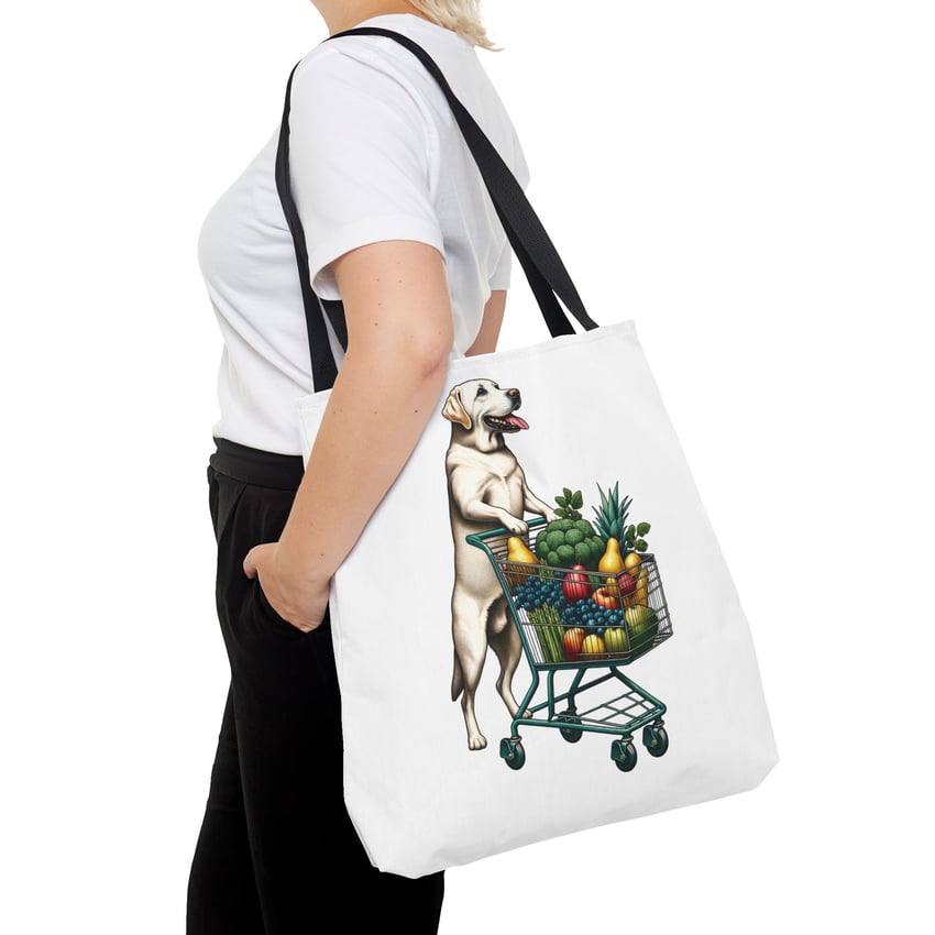 Labrador tote bag with playful grocery cart design showcasing vibrant produce.