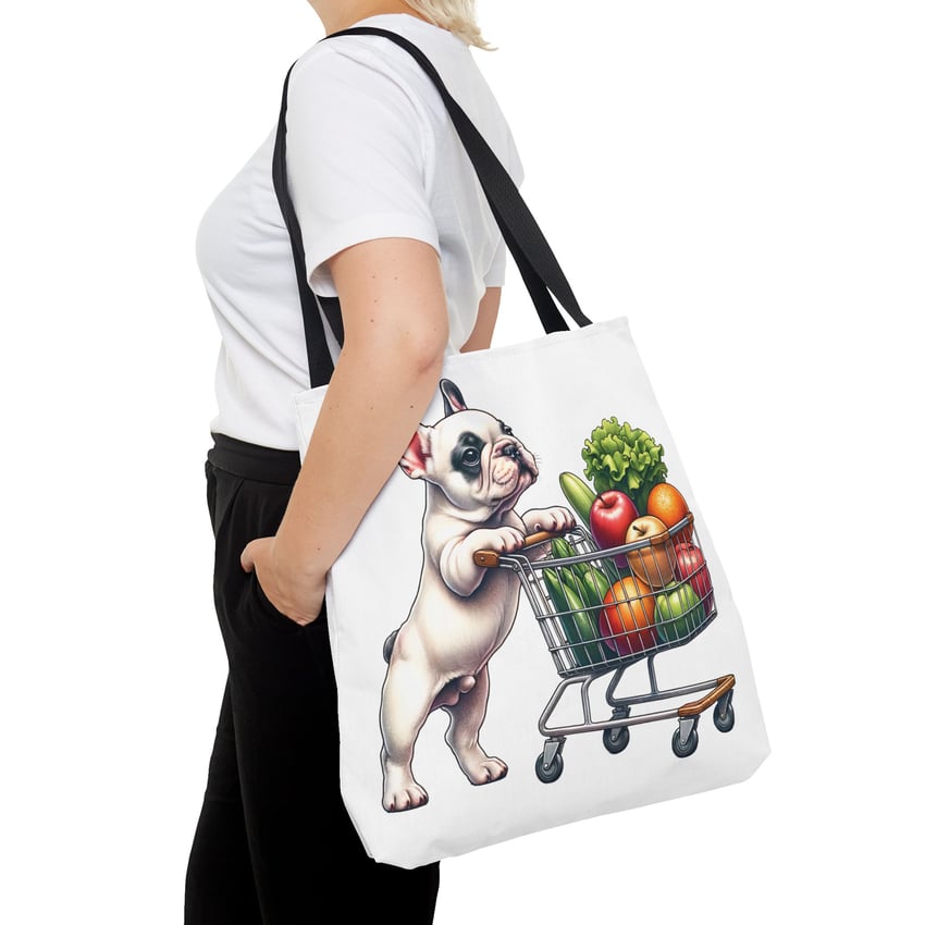 Cartoon Bulldog Shopping Tote Bag: Whimsical design appeals to dog lovers and casual style enthusiasts.