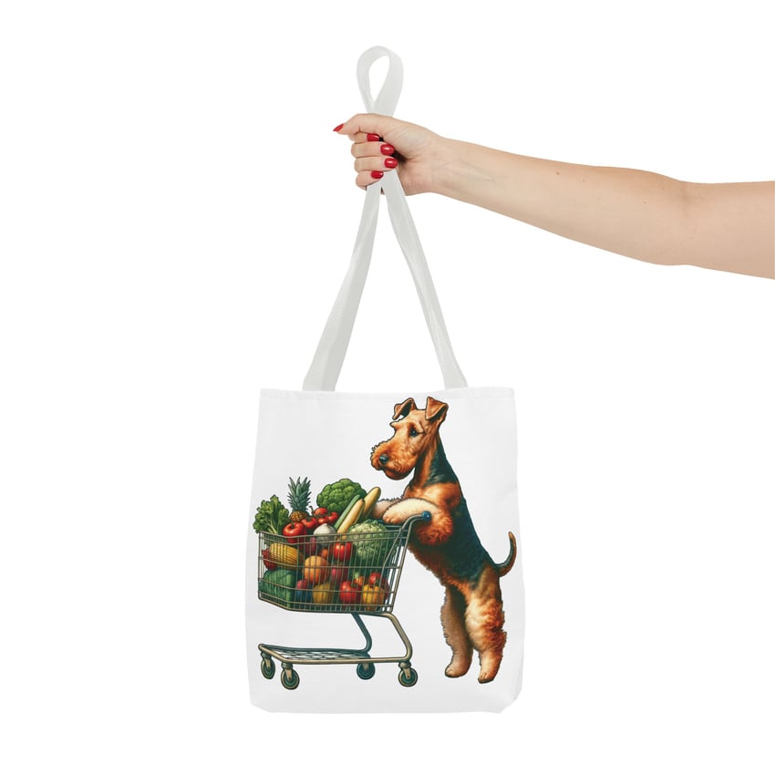 Dog shopping tote with colorful fruits, vibrant design for quirky accessory lovers.