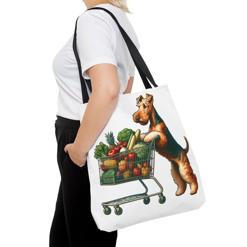 Canvas tote with Airedale Terrier pushing shopping cart, filled with colorful produce.