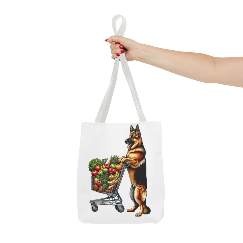 Whimsical German Shepherd tote with grocery cart illustration, perfect for animal lovers.