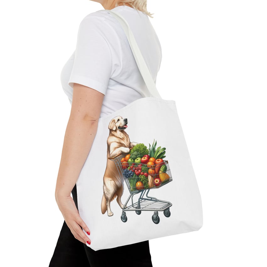 Golden retriever tote with playful grocery design; perfect for dog lovers and casual outings.