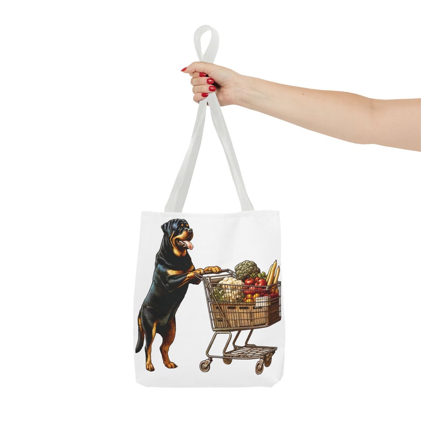 Cartoon Rottweiler tote bag with groceries, playful design for dog lovers.