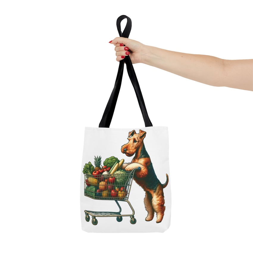 Whimsical tote bag featuring a cartoon terrier grocery shopping with colorful produce.