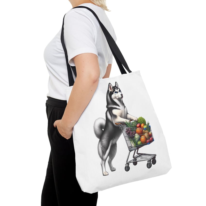 Siberian Husky tote bag: whimsical design with playful dog grocery shopping scene.