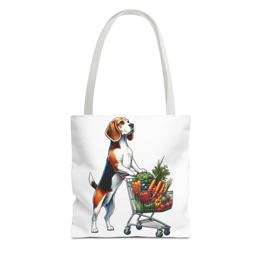 Beagle tote bag with vibrant produce, playful design on white background.