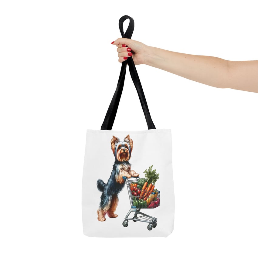 Whimsical Yorkshire Terrier tote bag with colorful grocery cart design, perfect for dog lovers.