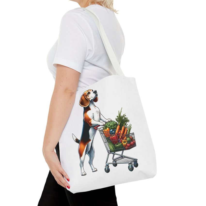 Woman with tote bag featuring a Beagle and vegetables illustration, evokes cheerful vibe.