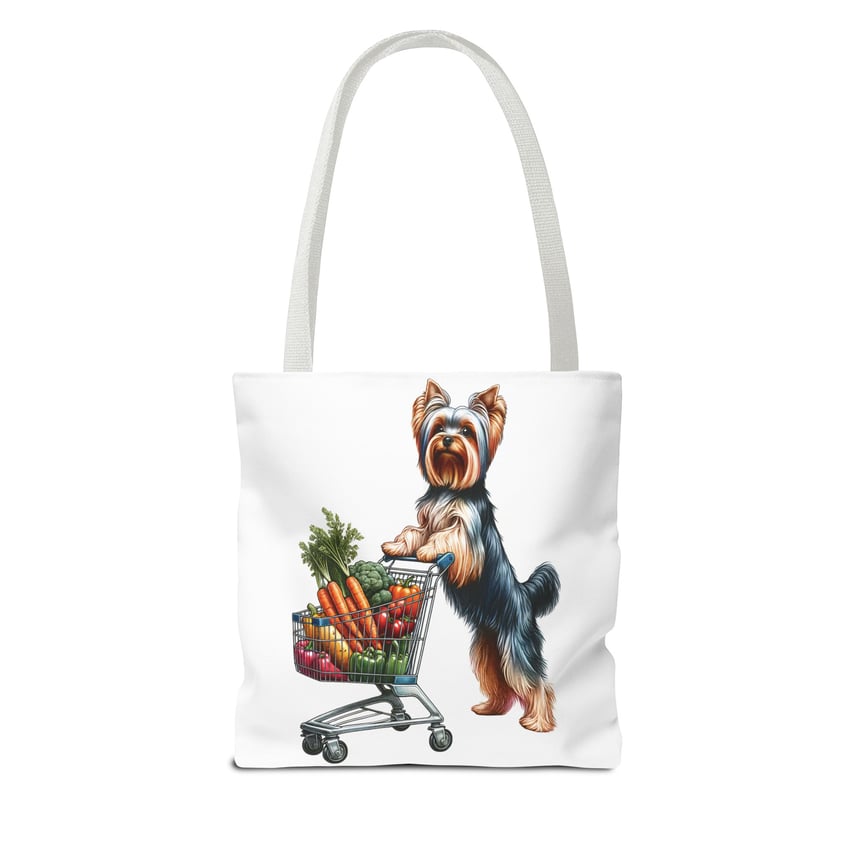 Yorkshire Terrier with Mini Shopping Cart Tote: Colorful, Whimsical Design for Animal Lovers.