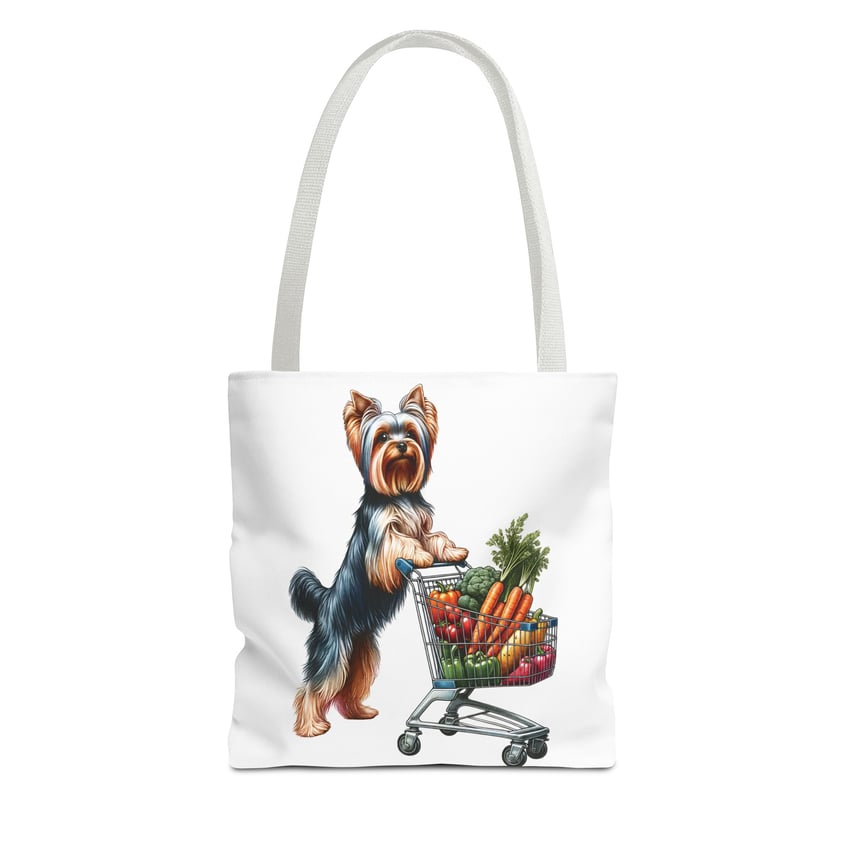 Yorkshire Terrier with shopping cart, vivid veggies, charming tote bag for dog lovers.