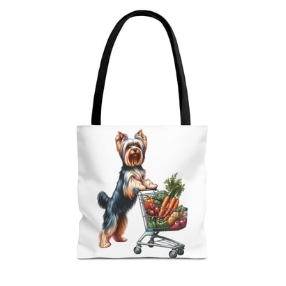 Yorkshire Terrier with a shopping cart of vegetables on a tote bag illustration.